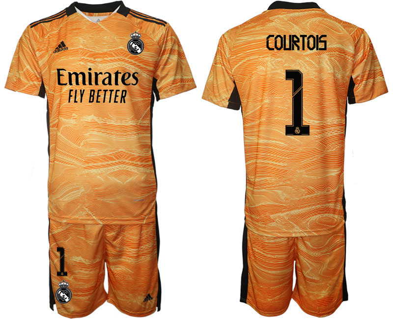 Men 2021-2022 Club Real Madrid orange yellow goalkeeper #1 Soccer Jerseys